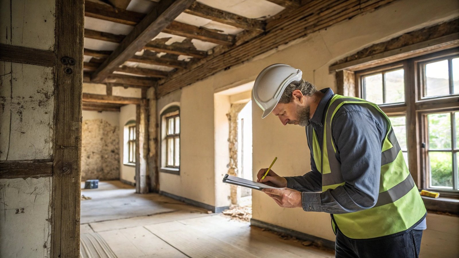 Professional surveyor conducting building survey in Weymouth